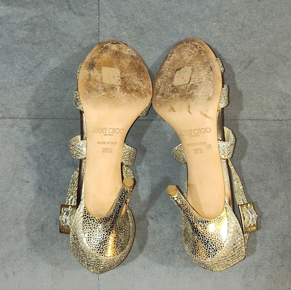 EUC JIMMY CHOO GOLD GLITTER "LOUISE"  STRAPPY HEEDLED SANDALS SIZE 7½ / 38½ - Picture 3 of 8
